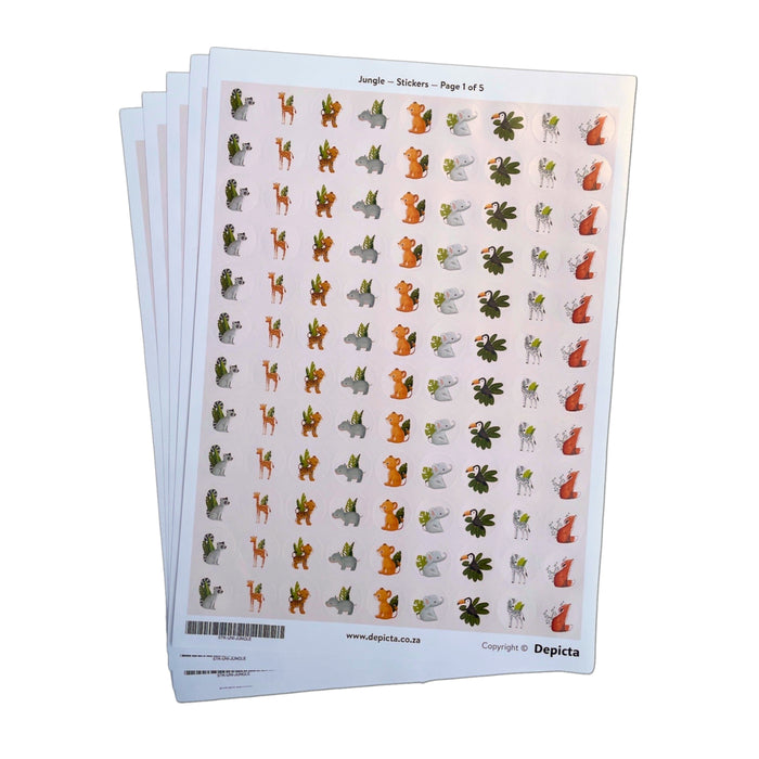Jungle Stickers — 540 circle stickers — 19.7mm wide — 5 x A4 sheets (108 stickers per sheet)
