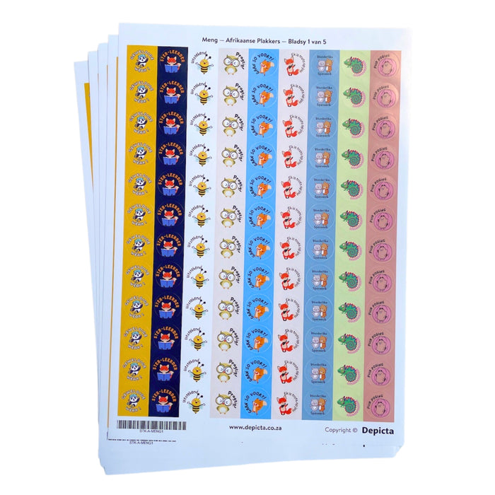 Gemengde Afrikaanse Plakkers — 540 circle stickers — 19.7mm wide — 5 x A4 sheets (108 stickers per sheet)