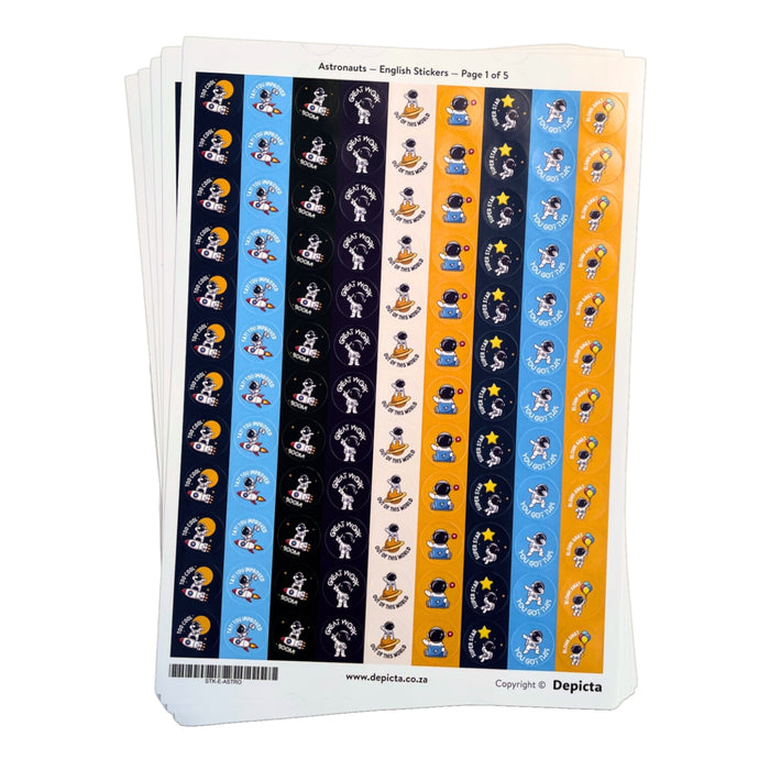 Astronaut English Stickers — 540 circle stickers — 19.7mm wide — 5 x A4 sheets (108 stickers per sheet)