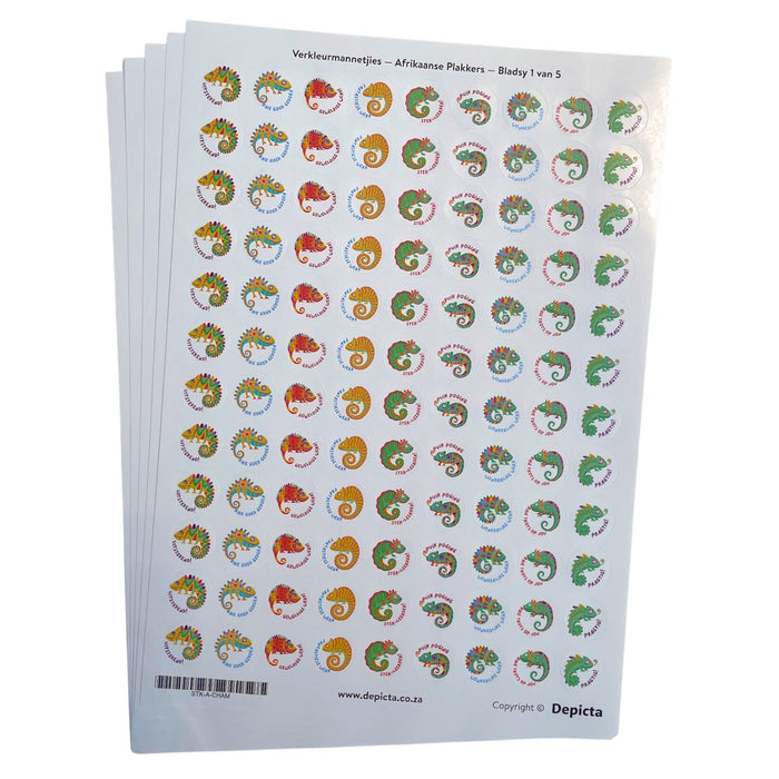 Verkleurmannetjie Afrikaanse Plakkers — 540 circle stickers — 19.7mm wide — 5 x A4 sheets (108 stickers per sheet)