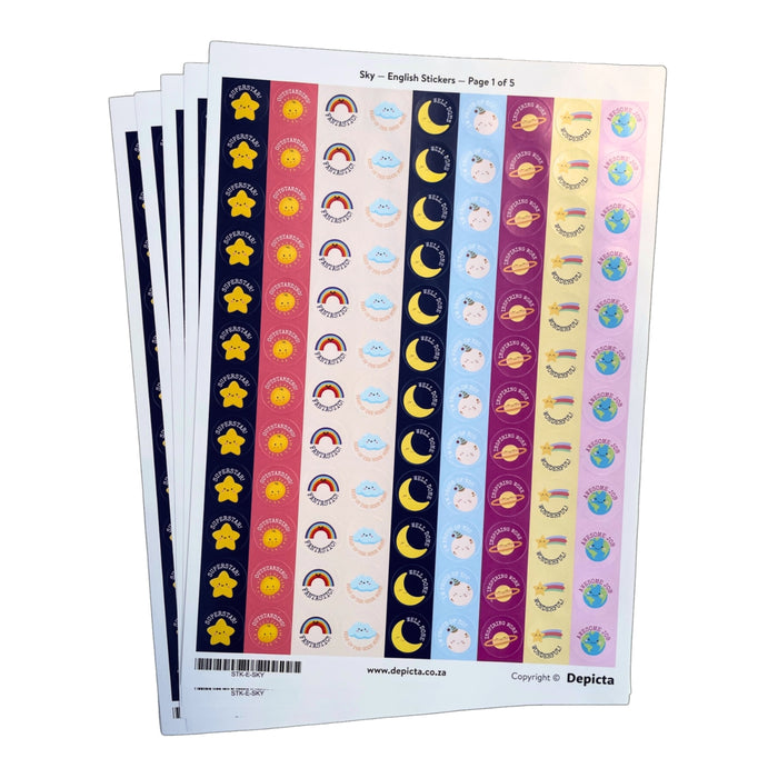 Sky English Stickers — 540 circle stickers — 19.7mm wide — 5 x A4 sheets (108 stickers per sheet)