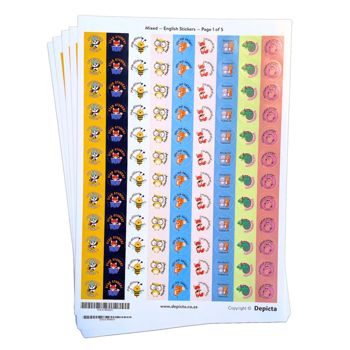 Mixed English Stickers — 540 circle stickers — 19.7mm wide — 5 x A4 sheets (108 stickers per sheet)