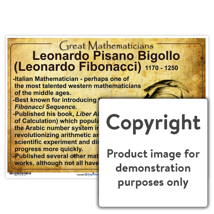 Great Mathematicians: Leonardo Pisano Bigollo (Leonardo Fibonacci) Wall Charts And Posters
